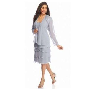 SLNY Tiered Chiffon Cocktail Dress with Jacket, Size 16 in Concrete